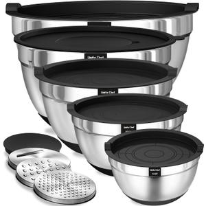 Umite Chef Mixing Bowls with Airtight Lids, 8PCS Stainless Steel Nesting Mixing Bowls Set, 3 Grater Attachments & Non-Slip Bottoms, Black Kitchen Bowls, Size 5, 4, 3.5, 2, 1.5QT for Baking & Serving