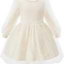 Little Bitty Girls Long Sleeve A-Line Tulle Princess Dress, Midi Length Casual Party Ribbed Knit Top Tulle Skirt 4-13 Years (White)