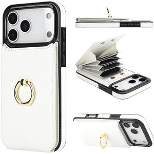 Folosu Compatible with iPhone 17 Pro Max Case Wallet with Card Holder, 360°Rotation Finger Ring Holder Kickstand, RFID Blocking Leather Protective Double Buttons Shockproof Cover 6.9 Inch White