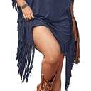 Women's Plus Size Fringe Dress Boho Western T Shirt Dress Tassel Short Sleeve Scoop Neck Cowgirl Short Dresses, 2XL