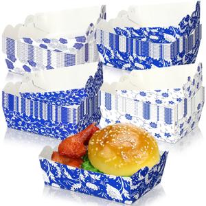 100 Pcs Blue White Floral Paper Food Trays Bulk 1.1 lb Disposable Food Boats White Blue Porcelain Chinoiserie Paper Serving Boat Tray for Bridal Shower Wedding Birthday Tea Party Decor