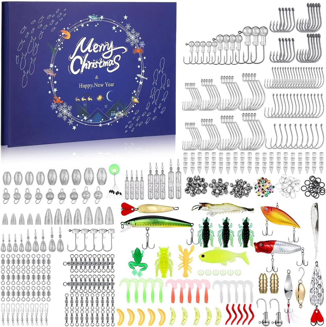 Fishing Advent Calendar 2025 for Adult Men Teen Boys Christmas Countdown 24 Day Fishing Lures Set 475 Pcs Gear and Equipment Set Christmas Surprise Gifts for Dad Men Stocking Stuffers