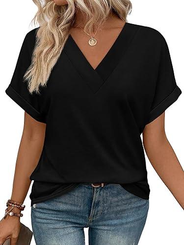 WIHOLL Womens Summer Tops Short Dolman Sleeve Shirts 2025 Fashion V Neck Outfits Clothes, Black, L