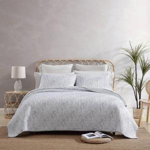 Tommy Bahama - King Quilt Set, Reversible Cotton Bedding with Matching Shams, Pre-Washed for Added Softness (Distressed Water Leaves Grey, King), Grey/White