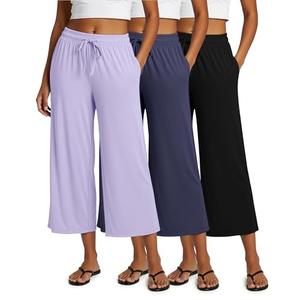 Real Essentials 3 Pack: Women's Ultra-Soft Wide Leg Loose Capri Open Bottom Pants - Yoga Lounge Pockets Size XXL