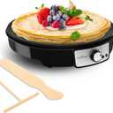 Nutrichef Electric Crepe Maker & Griddle Cooktop - Nonstick 12 Inch Aluminum Hot Plate with LED Indicator Lights & Adjustable Temperature Control - Wooden Spatula & Batter Spreader Included (Matte Black)
