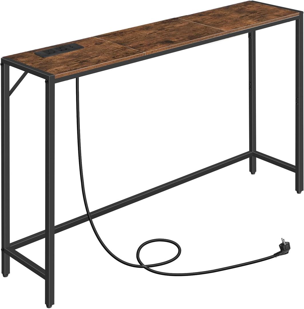Console Table, Narrow Sofa Table, 43.3 Entrance Table with Power Station, Behind Couch Table, Simple Style, for Living Room, Hallway, Entryway, Foyer, Rustic Brown and Black CTHR112E01