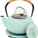 Juvale Cast Iron Tea Kettle with Infuser - Green, 18 oz/500 ml, 3-Piece Set - Teapot for Brewing Loose Leaf Tea - Stovetop Safe Tetsubin Set with Trivet