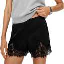 Satin Silk Shorts Women Y2K Low Rise Lace Trim Pajama Mini Micro Shorts Silky French Knickers Half Slip Pjs Bottom (Large, Elegant Black)