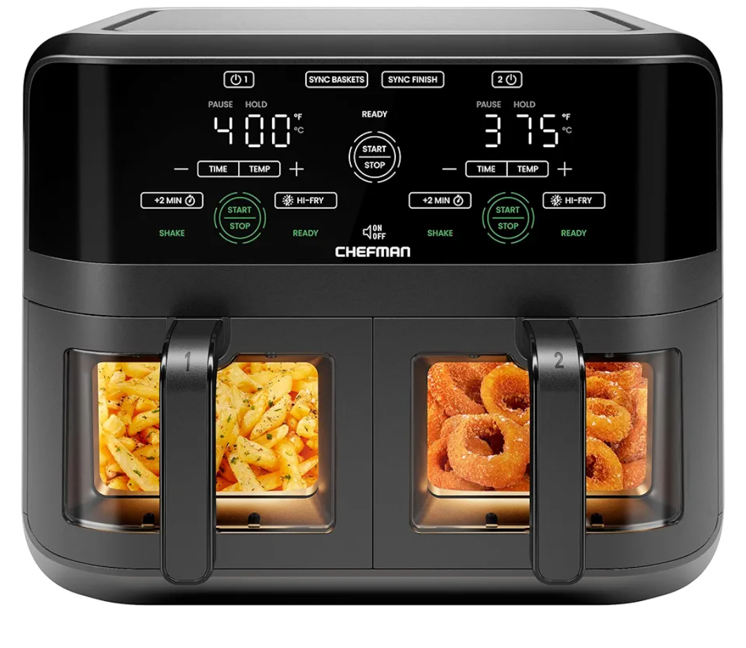 CHEFMAN 6 Quart Dual Basket Air Fryer Oven with Easy View Windows, Sync Finish, Hi-Fry, Auto Shutoff, 2 Independent 3Qt Nonstick Dishwasher Safe Frying Baskets, Digital Double Air Fryer - Black
