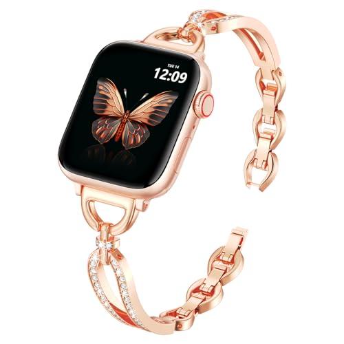 CAGOS Slim Metal Band Compatible with Apple Watch Bands for Women 38mm 40mm 41mm 42mm 44mm 45mm 46mm, Elegant Dressy Jewelry Bracelet with Bling Diamond for iWatch Series 11/10/9/8/7/6/5/4/3/2/1/SE3/2/1/Ultra Rose Gold