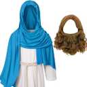 PROMOTED TO BIG SISTER Boys Jesus Saint Religious Biblical Robe Halloween Costume Wig Moustache Scarf Shawl Waist Rope Set (Blue, 9-10 Years)