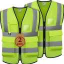 2 Pack Reflective Safety Vest for Men and Women, High Visibility Vest with 5 Pockets and Zipper Front M