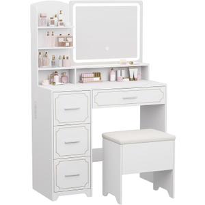 Vanity Table with LED Mirror & Power Outlet - 5 Open Shelves, 4 Drawers - Includes Padded Stool - Ideal Bedroom Makeup Dressing Table White