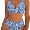 Blooming Jelly Women's High Waisted Bikini Sets Color Block Two Piece Swimsuit V Neck Crisscross Back Bathing Suit (Small, Blue Floral)