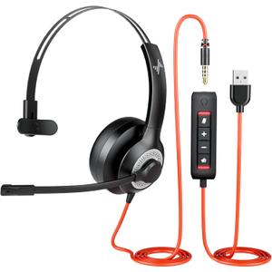 USB Headset with Mic for PC, On-Ear Computer Laptop Headphones with Noise Cancelling Microphone in-line Control for Home Office Online Class (USB+3.5mm Single Ear Headset, Black)