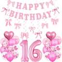 3 x Pink Bow 16th Birthday Decorations for Girls, Sweet Bow Themed Happy Birthday Party Supplies Set Including Happy Birthday Banner, Number 16 Foil Balloons, Sweet Bow Balloons and Hanging Swirls