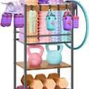 Home Gym Storage Rack, Heavy Duty Yoga Mat Holder Workout Equipment Storage Organizer Weight Rack with Hooks & Wheels for Dumbbells Kettlebells Dumbbell Yoga Block Foam Rollers Yoga Strap Resistance Bands, Fitness Exercise Equipment (Brown)