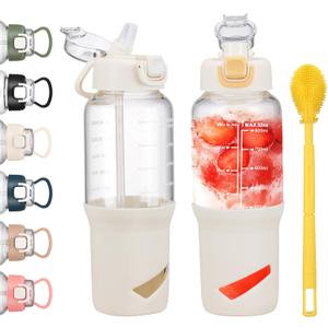 SIEROZUR 32 oz Glass Tumbler with Straw, Glass Water Bottles with 2 Lids-Handle Spout Lid & Straw Lid, 1 Liter Motivational Water Bottles, Silicone Sleeve, Fits Car Cup Holder,White