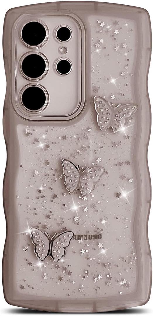 SUYACS for Samsung Galaxy S23 Ultra 6.8" Phone Case Cute Kawaii Bling Glitter Curly Wave Frame Shape 3D Butterfly Star Clear Case Cover for Women Soft Silicone Shockproof Protective Bumper (Black)