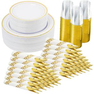 350 Pieces Gold Disposable Plates for 50 Guests, Disposable Plastic Plates for Party, Wedding, Dinnerware Set of 50 Dinner Plates, 50 Salad Plates,50 Cups and 50 Paper Napkins, Gold