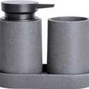 Clasin Home 3 Pcs Bathroom Accessories Set, Liquid Soap Dispenser with Large Pump, Toothbrush Holder Cup and Soap Dish, Sandstone Texture Bathroom Counter Set for Modern Home (Gray)