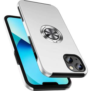 Shockproof Case for iPhone 13 6.1 inch, [Embedded Finger Ring] Military Grade Phone Case Cover with Reinforced Metal Stand Kickstand [Support Magnetic Car Holder] for iPhone 13, Silver