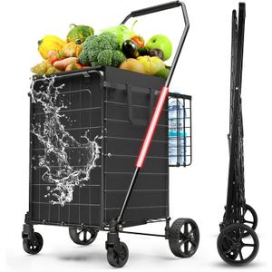 3.7 Cu Ft Folding Shopping Cart - 380 LB Capacity Grocery Cart with 360 Braked Swivel Wheels - Heavy Duty Utility Cart with Double Basket & Removable Waterproof Liner with Lid for Laundry