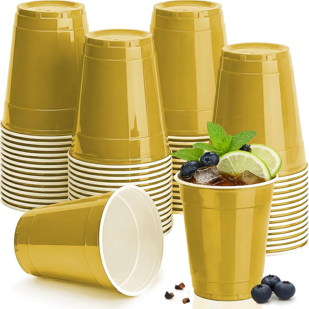 12 Oz Gold Plastic Cups Disposable,100 Count Party Cups for Wedding,Birthday,Picnic,Graduation