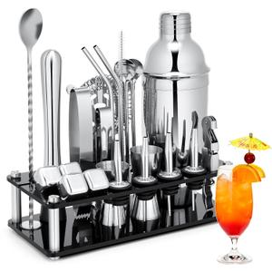 Shaker Set, 23-Piece Stainless Steel Bartender Kit with Acrylic Stand & Cocktail Recipes Booklet, Professional Bar Tools for Drink Mixing, Home, Bar, Party