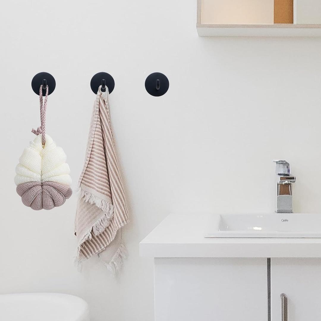 Adhesive Wall Hooks for Hanging, Heavy Duty 15lb(Max), No Drill, Removable, Waterproof, Stainless Steel Sticky Towel Hooks for Bathrooms, Shower, Matte Black, 6 Pack