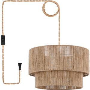 18” Plug in Pendant Light, Hanging Light Fixture with Hemp Rope Lampsahde, Handwoven 2 Tier Drum Boho Plug in Chandelier for Dinning Room, Bedroom and Living Room