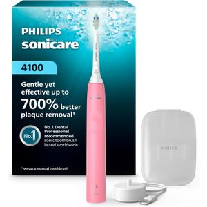 Philips Sonicare 4100 Rechargeable Electric Toothbrush, Advanced Plaque Removal, Pressure Sensor, Includes Brush Head Case, Deep Pink BD5004AZ