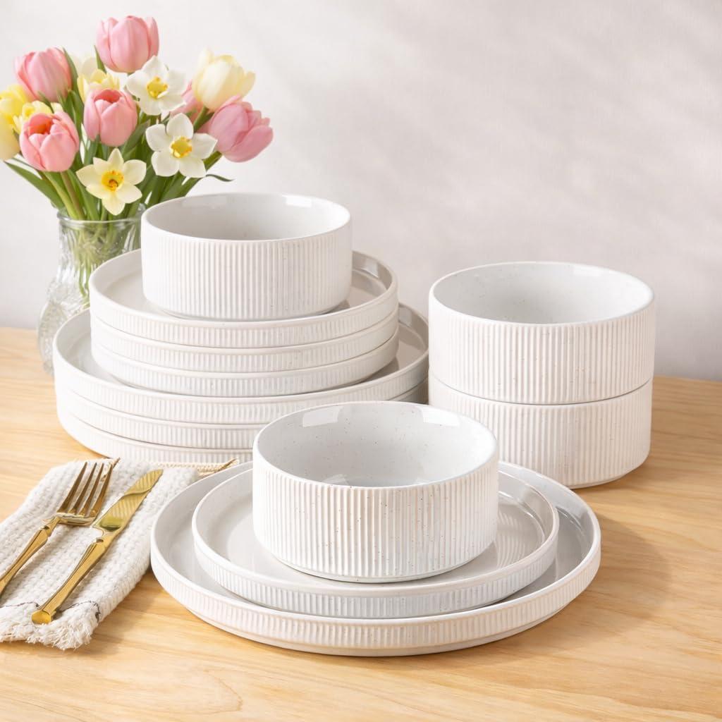 GBHOME Stoneware Dinnerware Sets for 4, 12 Pieces Lightweight Ceramic Ribbed Plates and Bowls Set, Reactive Glaze Stackable Plate Sets, Scratch Resistant Dishes, Microwave & Dishwasher Safe,White