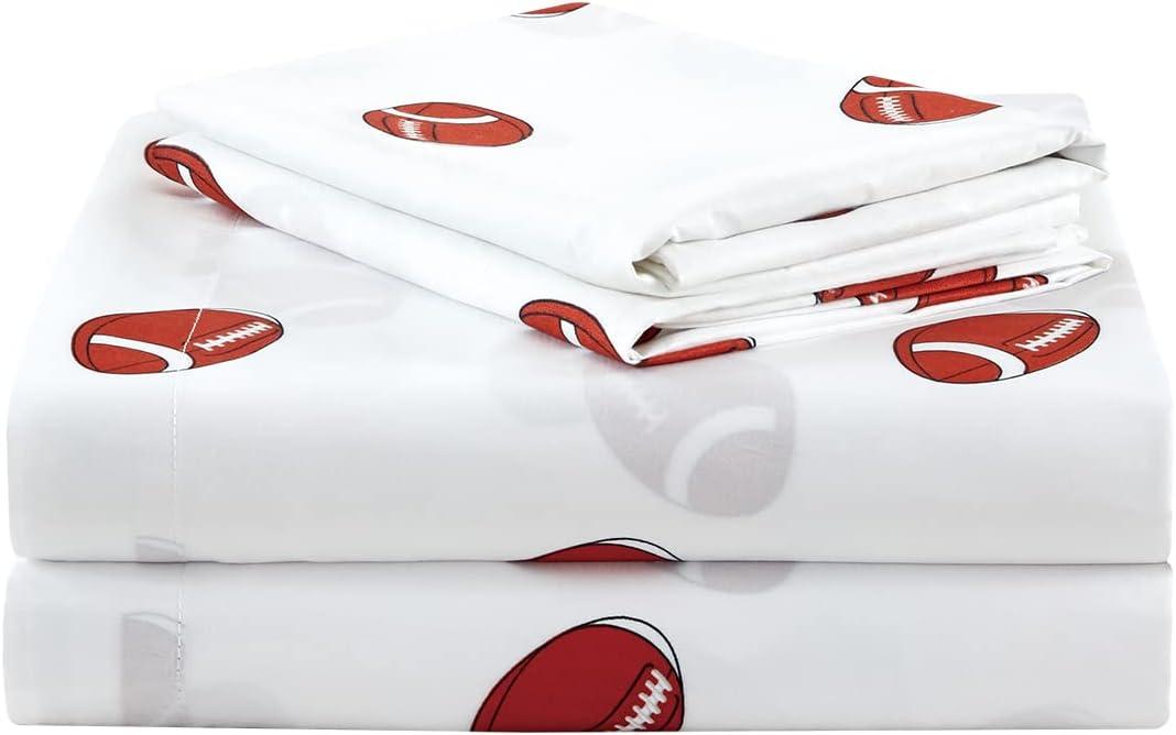 Chezmoi Collection 4-Piece Kids/Teens Sports Sheet Set - Soft Polyester White Brown Football, Queen Size
