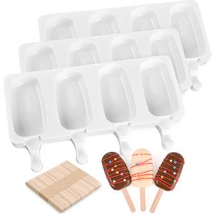 Sakolla 3 Pack Large Popsicle Molds 4 Cavities Cake Pop Silicone Molds Oval Ice Cream Cakesicle Molds for Homemade Ice Pop with 100 Wooden Sticks