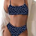 SOLY HUX Women's 2 Piece Bathing Suit Floral Print High Waisted Scoop Neck Cute Bikini Set Beachwear Dark Blue Floral Small
