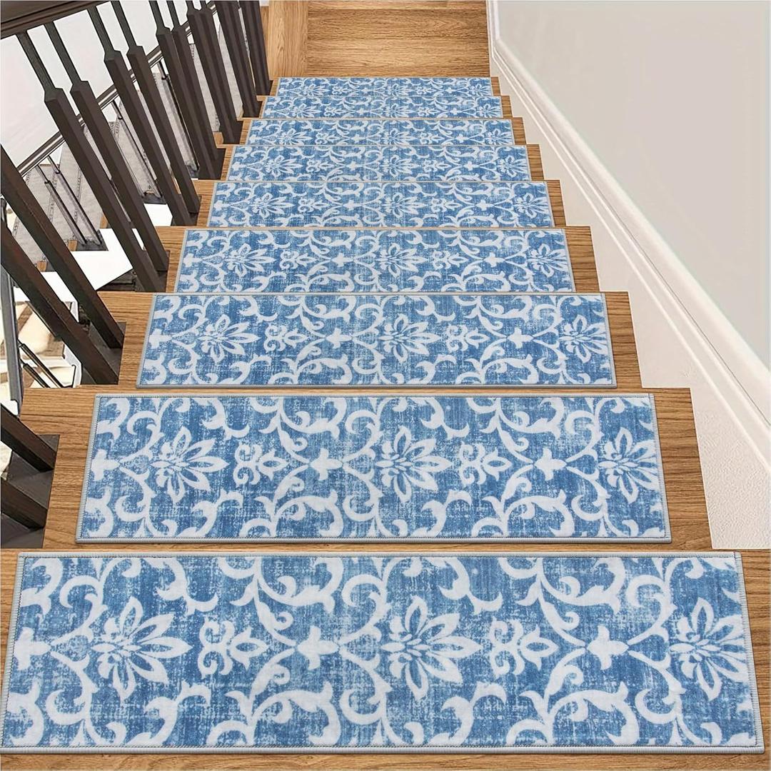 Lahome Carpet Stair Treads Non Slip Backing, 15 Pack 8" X 30" Stair Treads for Wooden Steps Indoor, Soft Washable Stairway Stair Runners Oriental Staircase Rugs for Kids Pets Elders(15pc, Blue)
