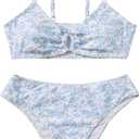 OYOANGLE Girl's 2 Piece Ditsy Floral Bikini Swimsuit Ring Linked Ruched Bathing Suit Blue, 8-9Y