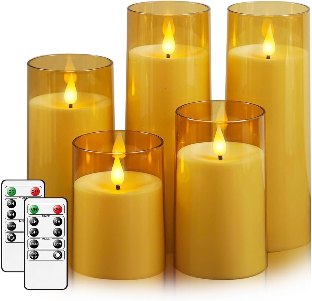 Fo32won Amber LED Flameless Pillar Candles Battery Operated with Remote and Timer, Set of 5 (D 3"H 4" 5" 6" 8" 8") Decorative Plexiglass Flickering Candles with 3D Flame (Two Batteries Operated)