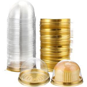 Patelai 50 Pcs Clear Plastic Mini Cupcake Container, Mini Cupcake Box Muffin Dome Muffin Single Container Box for Wedding Birthday Cheese Pastry Dessert Cake (Gold)
