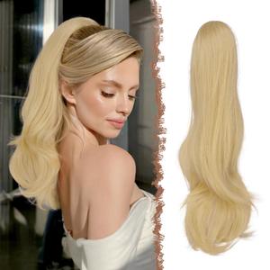 FESHFEN Drawstring Ponytail Extension, Natural Long Wavy Layered Synthetic Pony Tails Hair Extensions Hairpieces for Women, Champagne Blonde 20 inch