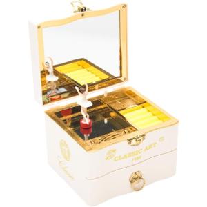 Musical Jewellery Box with Classic Rotating Ballerina Dancer Music Box Necklace Ring Storage Organizer with Mirror Jewelry Box for Girls Ballerina Music Box (White)
