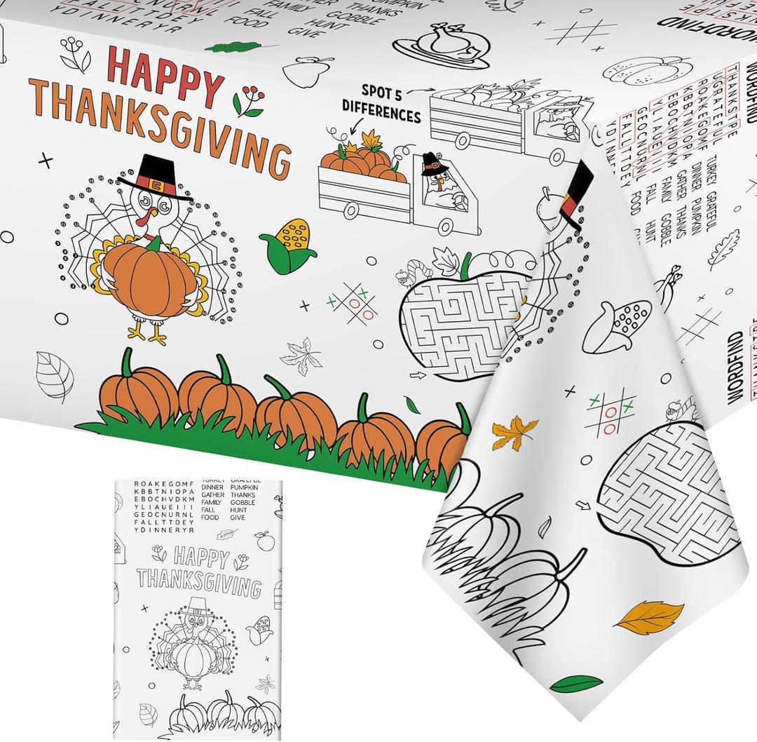 2 x Happy Thanksgiving Coloring Tablecloth for Kids-Giant Thanksgiving Paper Activity Table Cover, Jumbo Fall Turkey Coloring Games Poster Crafts for Thanksgivings Table Decor Party Favors,54 x 108 Inch (Thanksgivng 1 Pcs)