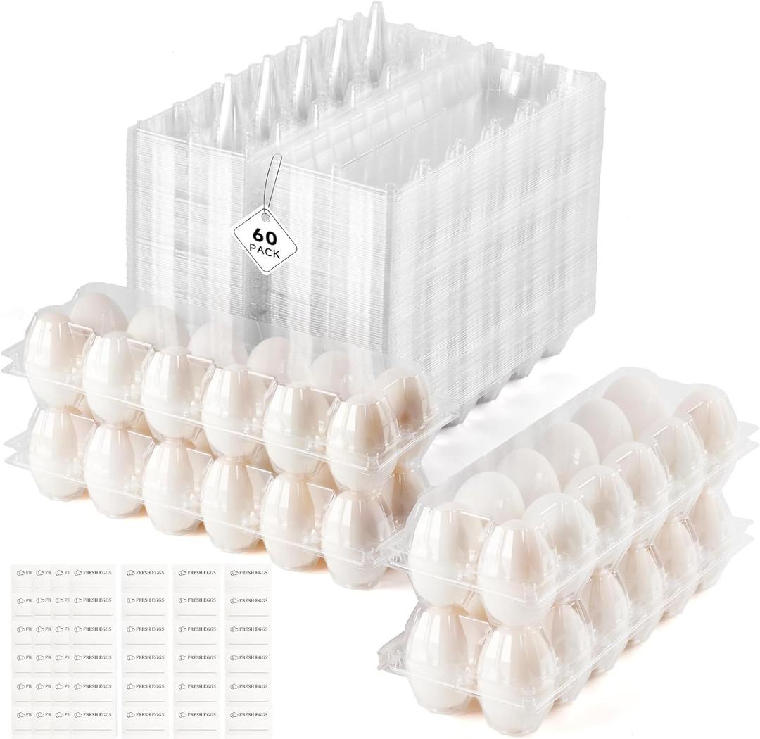 60 Pack Duck Egg Cartons Jumbo Egg Cartons Cheap Bulk with Sticker Labels Clear Empty Plastic Egg Containers Extra Large for Home Ranch Farm Commercial Market Display, 26 Grids