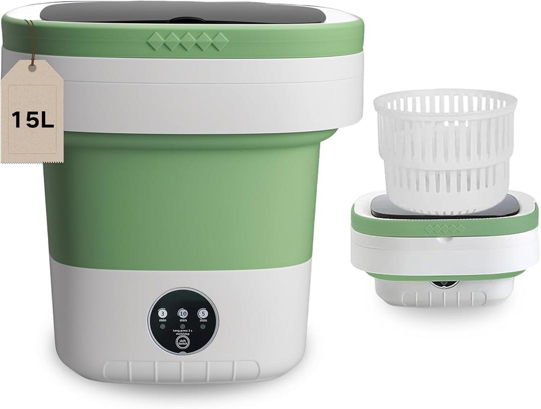 Portable Washing Machine, 15L Small Foldable Washer with 3 Cleaning Modes for Baby Clothes, Underwear, Small Items, Mini Collapsible Laundry for Travel Apartment Home Dorm Hotel Camping (Green)
