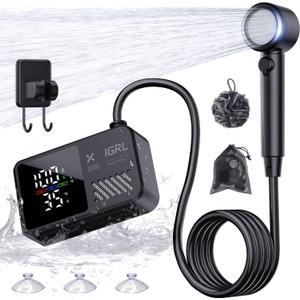IGRL Portable Shower for Camping, Powerful 10L/Min Water Flow, Rechargeable Shower Pump with Bath Sponge, 4 Spray Modes, IPX8 Waterproof, 7800mAh Battery, Ideal for Hiking, Travel, Pet, Car Wash
