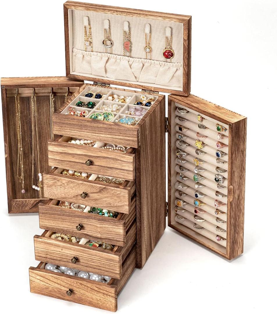 Poyilooo Jewelry Boxes for Women Girls, 9"x 5.9"x 12" Wooden 5-Layers Jewelry Organizer and Storage with Drawer, Suitable for Earring, Ring, Necklace, Bracelet, Gifts for Women