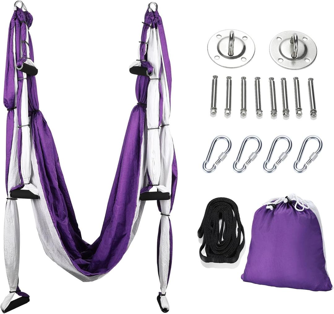 ZELUS Aerial Yoga Swing Sling Strong Yoga Hammock Kit Set Trapeze Inversion Equipment Include 2 Extensions Straps and Ceiling Mounting Kit (Purple and White)
