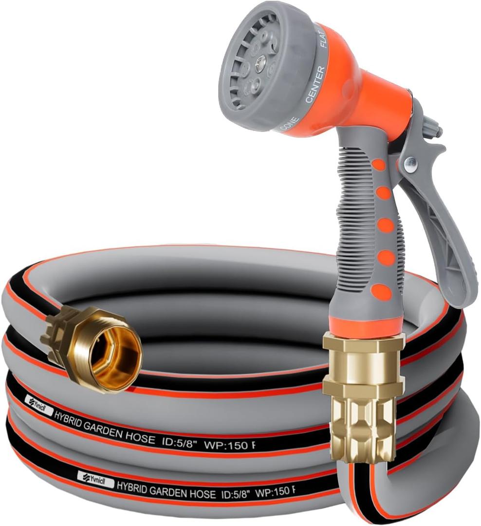 Garden Hose 10 ft 5/8,Heavy Duty Rubber Water Hose,Hybrid Durable Flexible Hose,Lightweight No Kink Hose for Outdoor Yard Lawn Condo Patio with Sprayer Nozzle and 3/4''Brass Solid Fittings